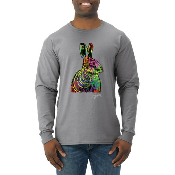 Wild Bobby, Colorful Rainbow Rabbit Animal Lover Mens Long Sleeve Shirt, Heather Grey, 3XL