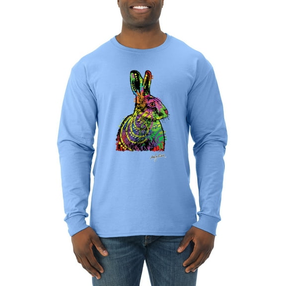 Wild Bobby, Colorful Rainbow Rabbit Animal Lover Mens Long Sleeve Shirt, Light Blue, Small