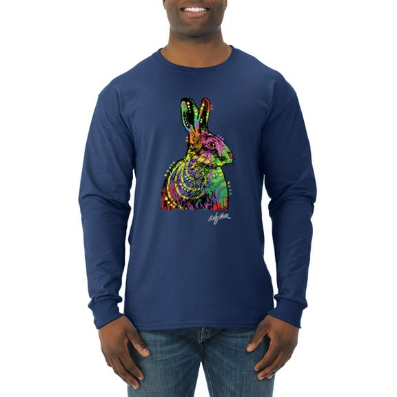 Wild Bobby, Colorful Rainbow Rabbit Animal Lover Mens Long Sleeve Shirt, Navy, Medium