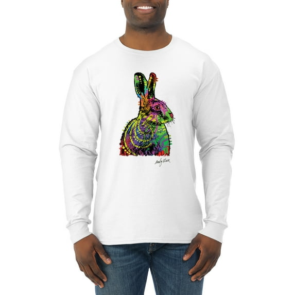 Wild Bobby, Colorful Rainbow Rabbit Animal Lover Mens Long Sleeve Shirt, White, 3XL