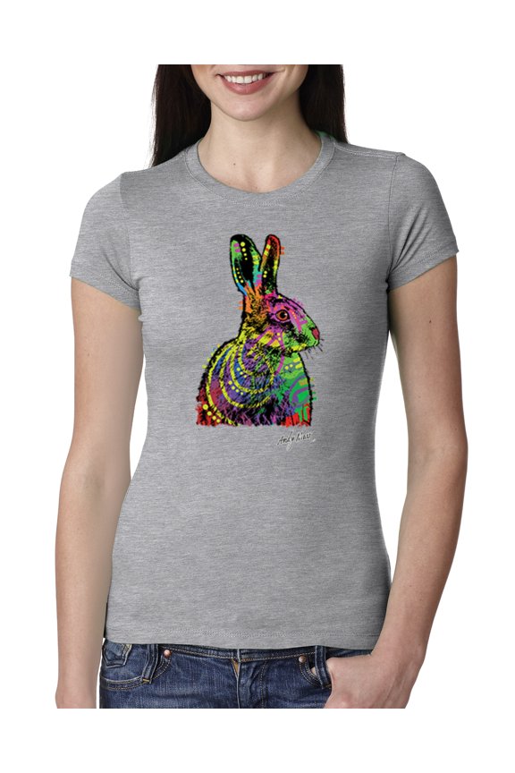 , Colorful Rainbow Rabbit Animal Lover Womens Slim Fit Junior Tee, Heather Grey, X-Large