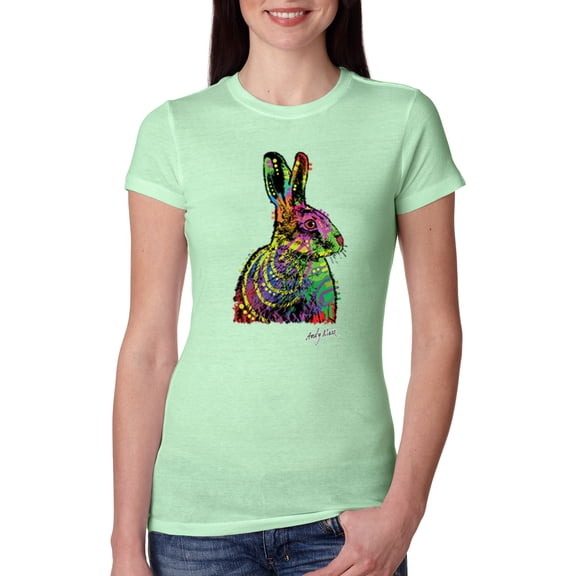Wild Bobby, Colorful Rainbow Rabbit Animal Lover Womens Slim Fit Junior Tee, Mint, Large