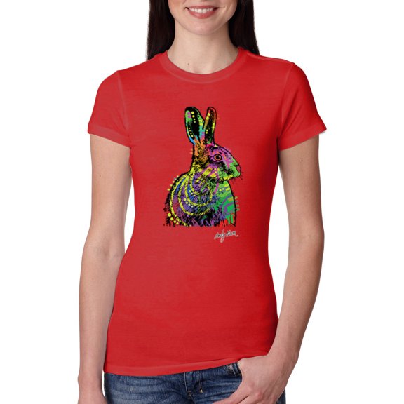 Wild Bobby, Colorful Rainbow Rabbit Animal Lover Womens Slim Fit Junior Tee, Red, Large