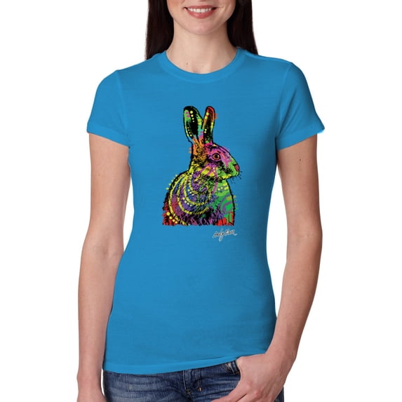Wild Bobby, Colorful Rainbow Rabbit Animal Lover Womens Slim Fit Junior Tee, Turquoise, Small