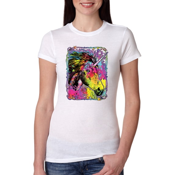 Colorful Rainbow Unicorn Animal Lover Womens Slim Fit Junior Tee, White, Medium
