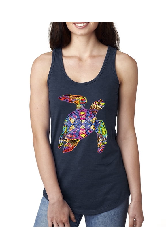 Colorful Rainbow Sea Turtle Animal Lover Ladies Racerback Tank Top, Navy, Small