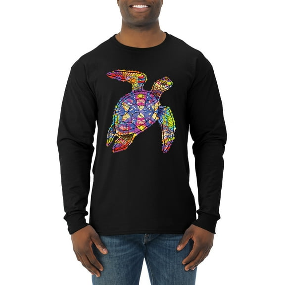 Wild Bobby, Colorful Rainbow Sea Turtle Animal Lover Mens Long Sleeve Shirt, Black, Medium