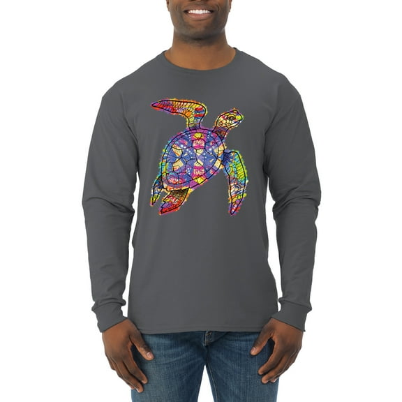 Wild Bobby, Colorful Rainbow Sea Turtle Animal Lover Mens Long Sleeve Shirt, Charcoal, X-Large