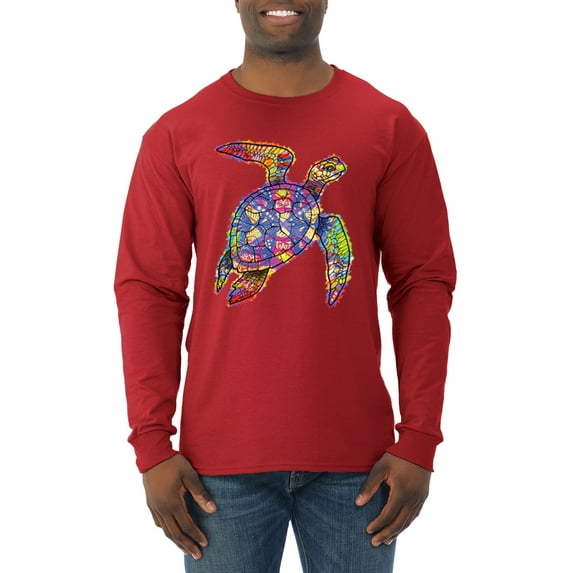 Wild Bobby, Colorful Rainbow Sea Turtle Animal Lover Mens Long Sleeve Shirt, Red, 3XL