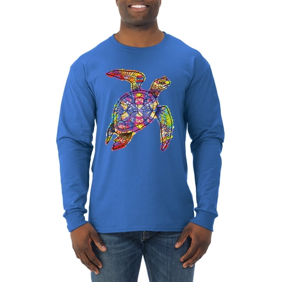 Wild Bobby, Colorful Rainbow Sea Turtle Animal Lover Mens Long Sleeve Shirt, Royal, Large
