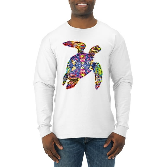 Wild Bobby, Colorful Rainbow Sea Turtle Animal Lover Mens Long Sleeve Shirt, White, Medium