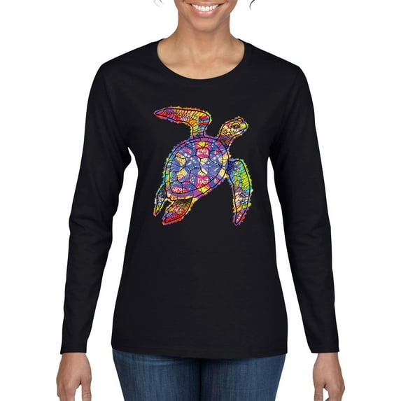 Wild Bobby, Colorful Rainbow Sea Turtle Animal Lover Womens Graphic Long Sleeve T-Shirt, Black, Small