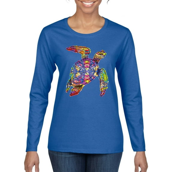 Wild Bobby, Colorful Rainbow Sea Turtle Animal Lover Womens Graphic Long Sleeve T-Shirt, Royal, Small