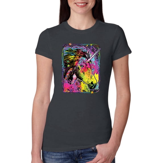 Colorful Rainbow Unicorn Animal Lover Womens Slim Fit Junior Tee, Dark Grey, 2XL