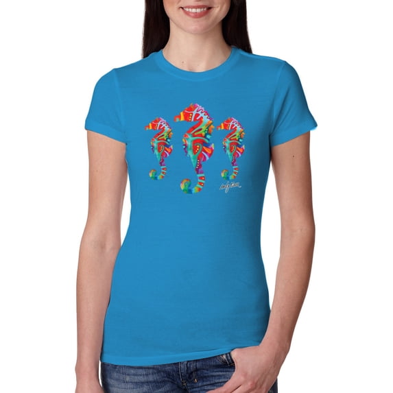 Colorful Rainbow Seahorses Animal Lover Womens Slim Fit Junior Tee, Turquoise, Large