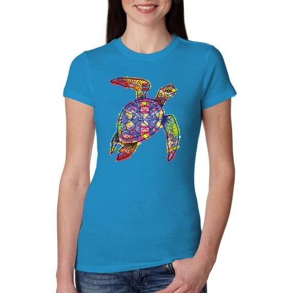 Colorful Rainbow Sea Turtle Animal Lover Womens Slim Fit Junior Tee, Turquoise, Small
