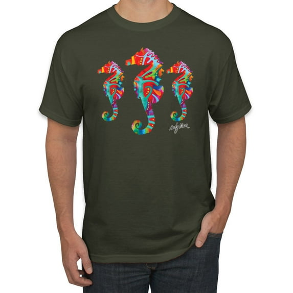 Wild Bobby, Colorful Rainbow Seahorses Animal Lover Men's Graphic T-Shirt, Military Green, X-Large