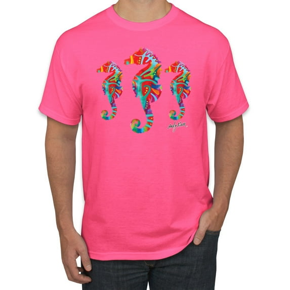Wild Bobby, Colorful Rainbow Seahorses Animal Lover Men's Graphic T-Shirt, Neon Pink, Large