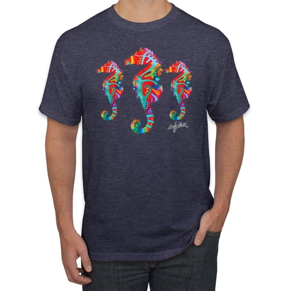 Wild Bobby, Colorful Rainbow Seahorses Animal Lover Men's Graphic T-Shirt, Vintage Heather Navy, Small