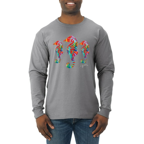 Wild Bobby, Colorful Rainbow Seahorses Animal Lover Mens Long Sleeve Shirt, Heather Grey, Small