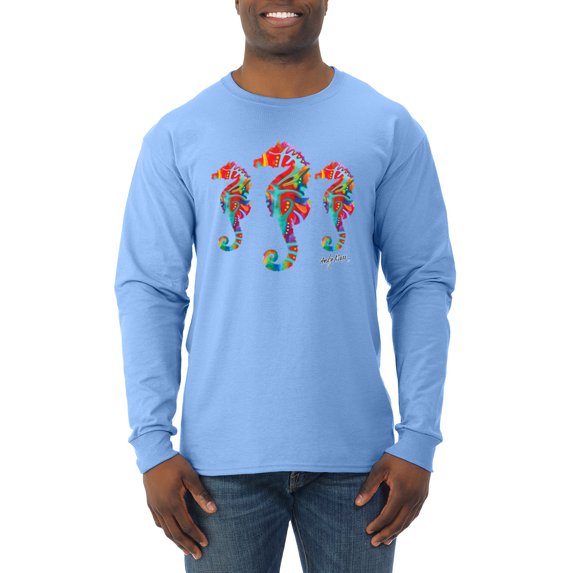 Wild Bobby, Colorful Rainbow Seahorses Animal Lover Mens Long Sleeve Shirt, Light Blue, Small