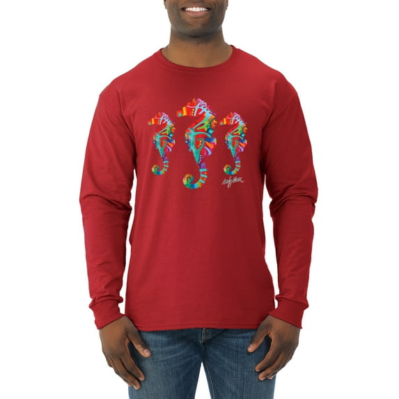 Wild Bobby, Colorful Rainbow Seahorses Animal Lover Mens Long Sleeve Shirt, Red, Large