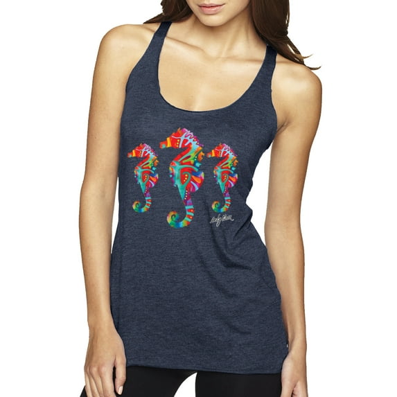 Wild Bobby, Colorful Rainbow Seahorses Animal Lover Tri-Blend Racerback Tank Top, Vintage Navy, Large