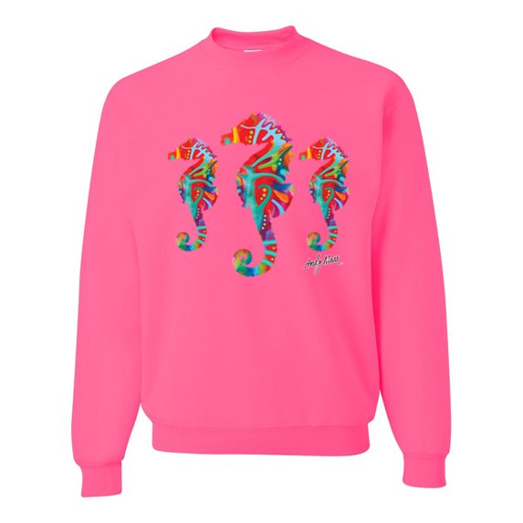 Wild Bobby, Colorful Rainbow Seahorses Animal Lover Unisex Crewneck Graphic Sweatshirt, Neon Pink, X-Large