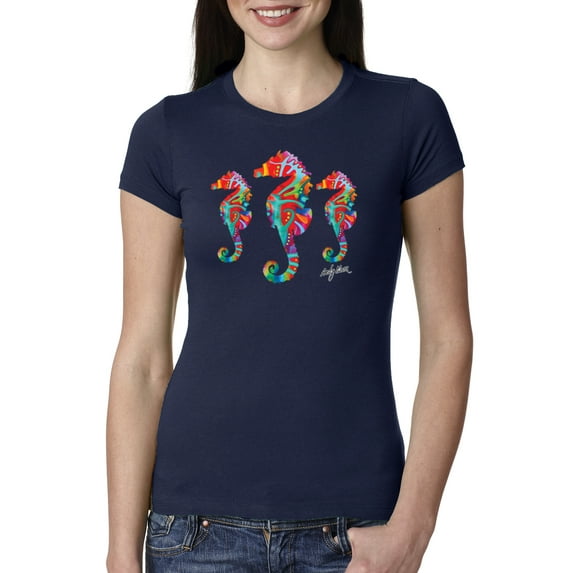 Colorful Rainbow Seahorses Animal Lover Womens Slim Fit Junior Tee, Navy, 2XL