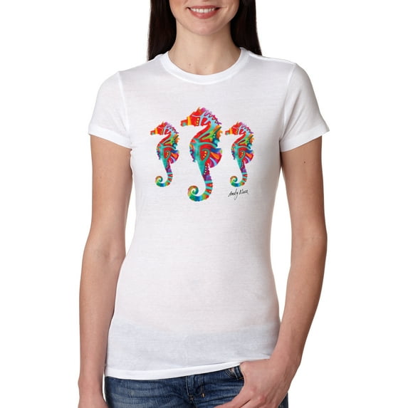 Wild Bobby, Colorful Rainbow Seahorses Animal Lover Womens Slim Fit Junior Tee, White, X-Large