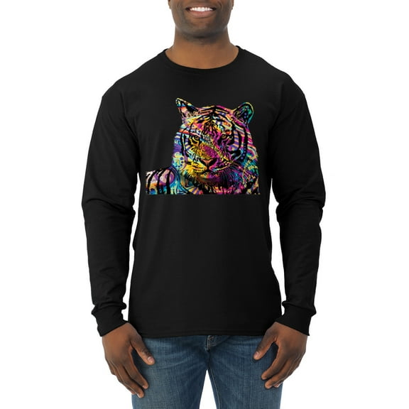 Wild Bobby Colorful Rainbow Siberian Tiger Animal Lover Men Long Sleeve Shirt, Black, Large