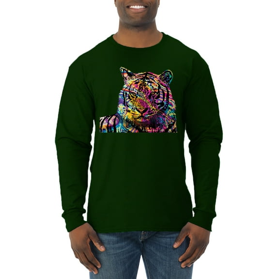 Wild Bobby Colorful Rainbow Siberian Tiger Animal Lover Men Long Sleeve Shirt, Forest Green, Medium