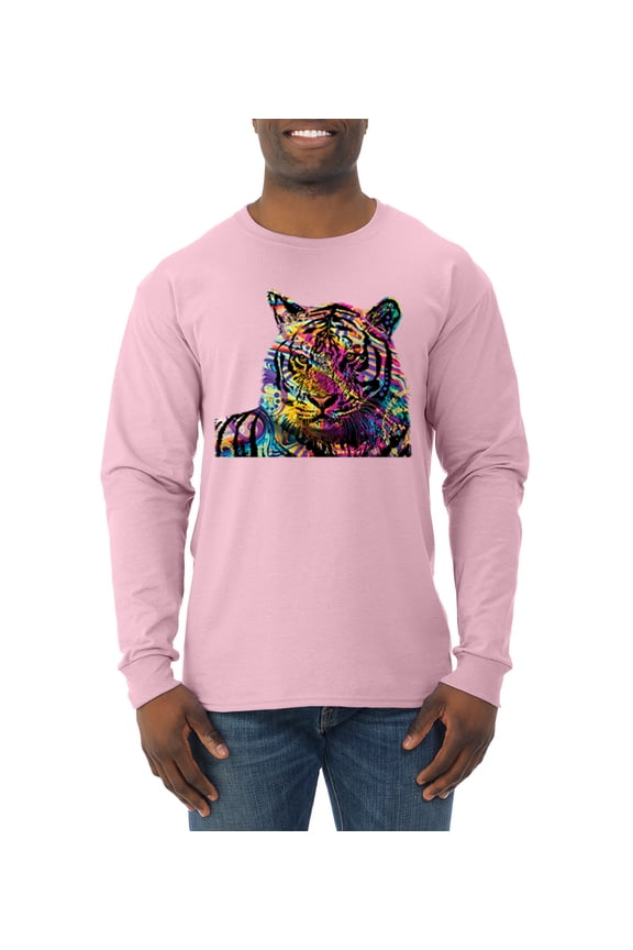 Colorful Rainbow Tiger Animal Lover Mens Long Sleeve Shirt, Light Pink, Large