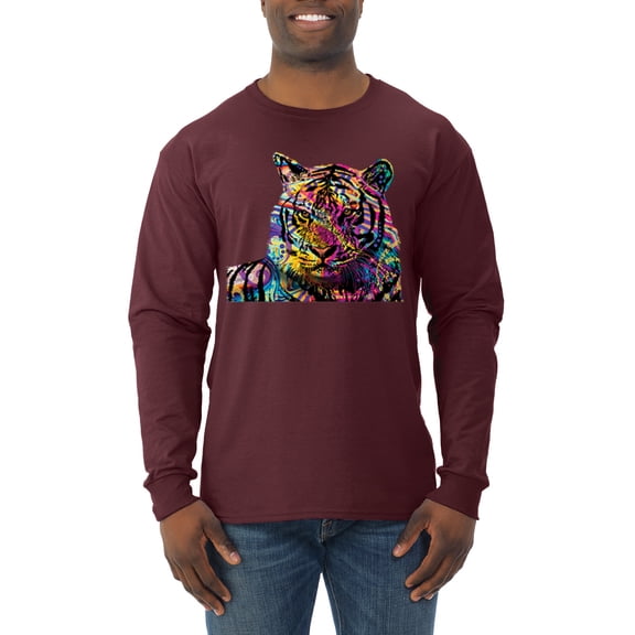 Wild Bobby Colorful Rainbow Siberian Tiger Animal Lover Men Long Sleeve Shirt, Maroon, Small