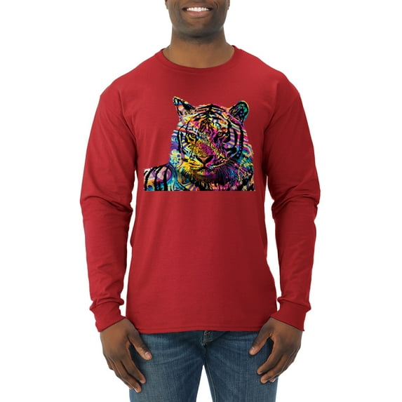 Wild Bobby Colorful Rainbow Siberian Tiger Animal Lover Men Long Sleeve Shirt, Red, 3X-Large