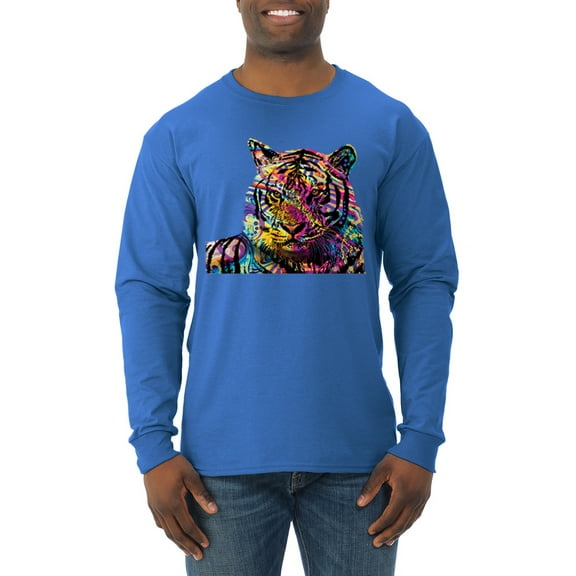 Wild Bobby Colorful Rainbow Siberian Tiger Animal Lover Men Long Sleeve Shirt, Royal, 3X-Large