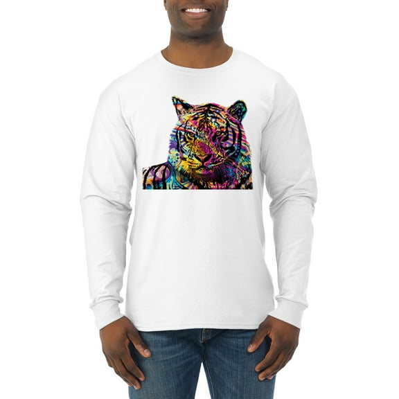 Wild Bobby Colorful Rainbow Siberian Tiger Animal Lover Men Long Sleeve Shirt, White, Medium