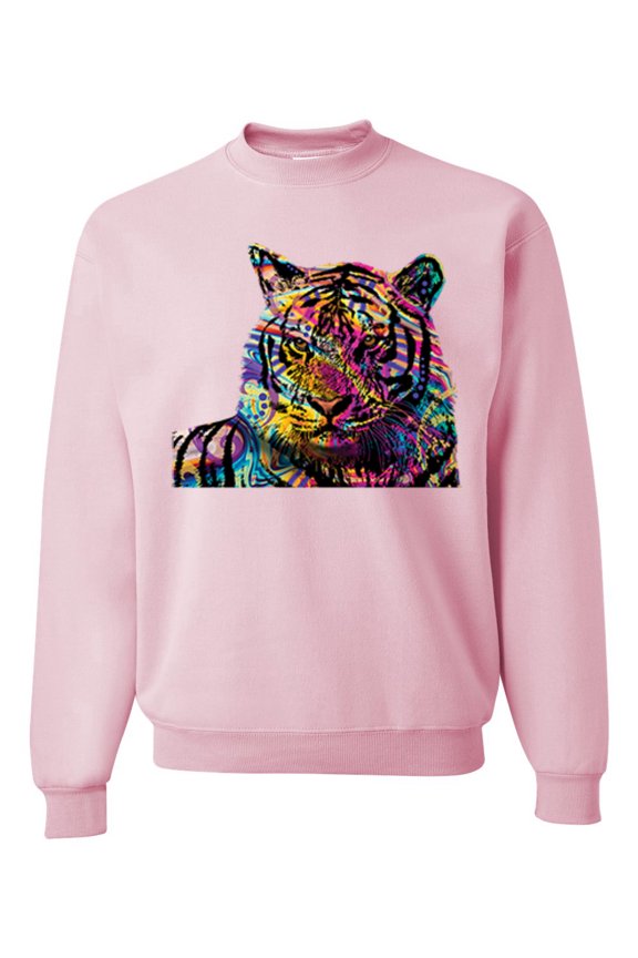 , Colorful Rainbow Siberian Tiger Animal Lover Unisex Crewneck Graphic Sweatshirt, Light Pink, Medium