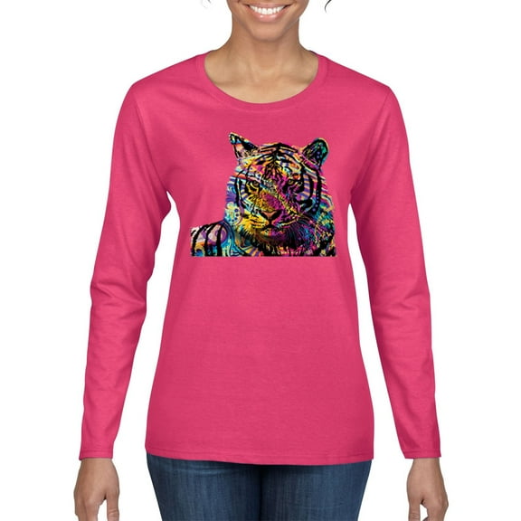 Wild Bobby Colorful Rainbow Siberian Tiger Animal Lover Women Graphic Long Sleeve Tee, Fuschia, Large