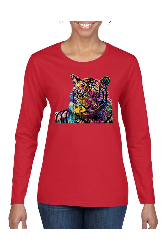 Colorful Rainbow Siberian Tiger Animal Lover Women Graphic Long Sleeve Tee, Red, Medium