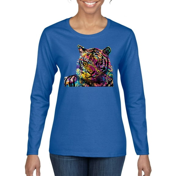 Wild Bobby Colorful Rainbow Siberian Tiger Animal Lover Women Graphic Long Sleeve Tee, Royal, Medium