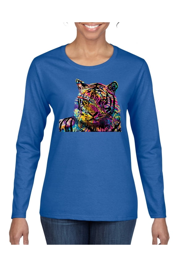 Colorful Rainbow Siberian Tiger Animal Lover Women Graphic Long Sleeve Tee, Royal, Small