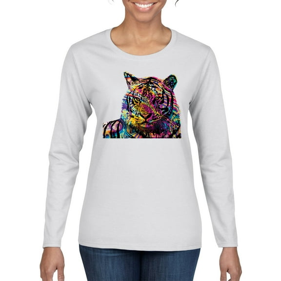Wild Bobby Colorful Rainbow Siberian Tiger Animal Lover Women Graphic Long Sleeve Tee, White, Medium