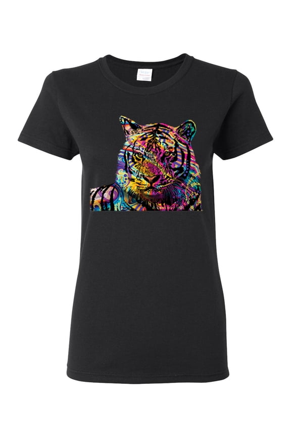 Colorful Rainbow Siberian Tiger Animal Lover Women Graphic Tee, Black, Large