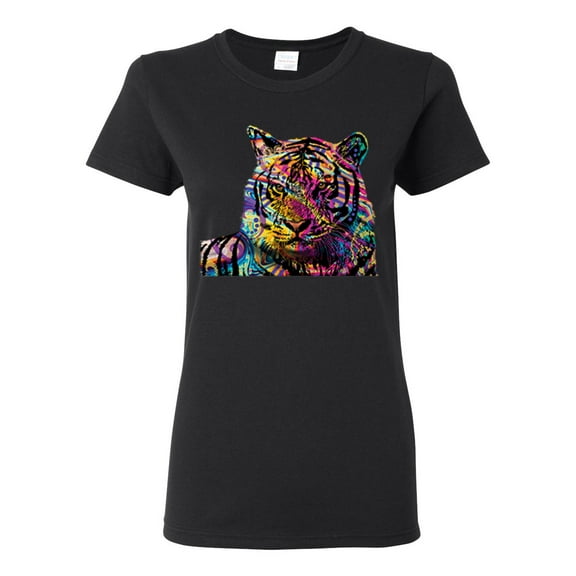 Wild Bobby Colorful Rainbow Siberian Tiger Animal Lover Women Graphic Tee, Black, Large