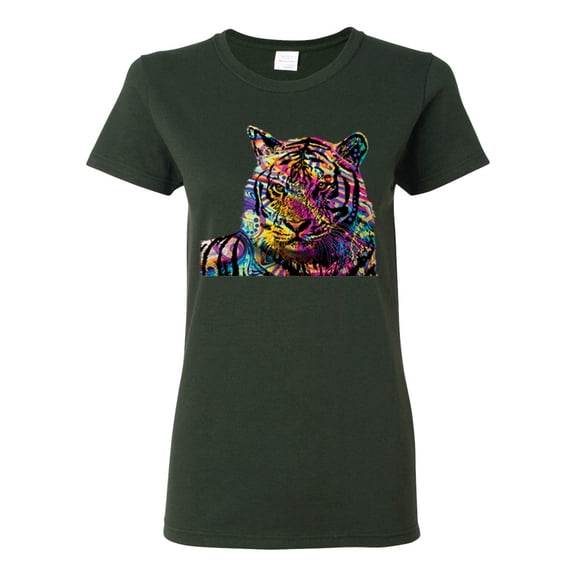 Wild Bobby Colorful Rainbow Siberian Tiger Animal Lover Women Graphic Tee, Forest Green, Small