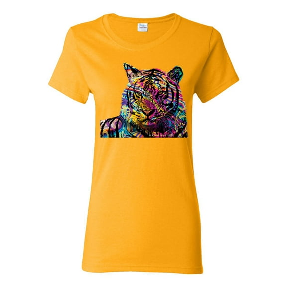 Wild Bobby Colorful Rainbow Siberian Tiger Animal Lover Women Graphic Tee, Gold, Small