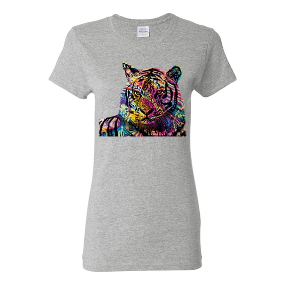 Wild Bobby Colorful Rainbow Siberian Tiger Animal Lover Women Graphic Tee, Heather Grey, X-Large