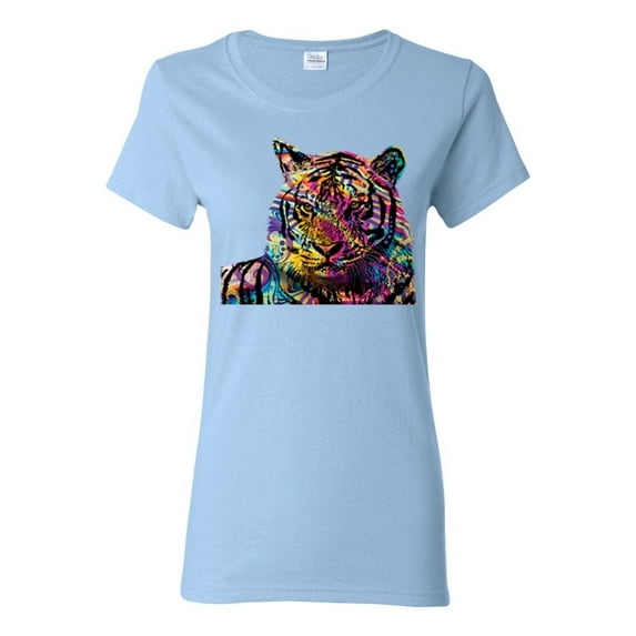 Wild Bobby Colorful Rainbow Siberian Tiger Animal Lover Women Graphic Tee, Light Blue, X-Large