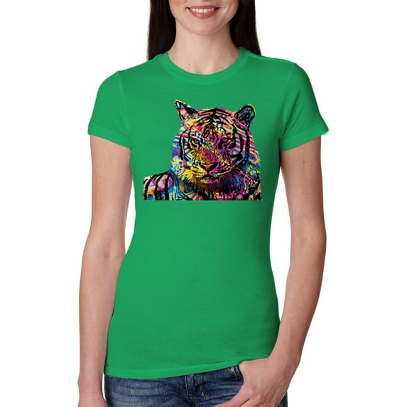 Wild Bobby Colorful Rainbow Siberian Tiger Animal Lover Women Slim Fit Junior Tee, Kelly, Medium